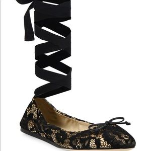 NWT SAKS Fifth Avenue black/cream lace ribbon flats SOLD OUT EVERYWHERE
